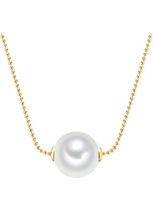 Collana di catenina d'oro con una singola perla bianca tonda, superficie liscia, con dettagli dorati vicino alla perla. Design semplice ed elegante.
