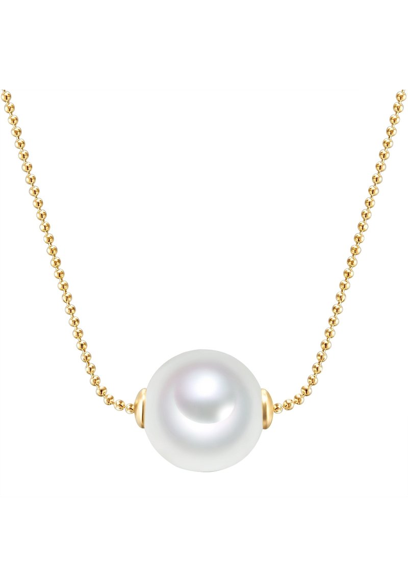 Aukso grandinėlė su viena apvalia baltąja perla, lygiu paviršiumi, su aukso akcentais šalia perlo. Paprastas ir elegantiškas dizainas.