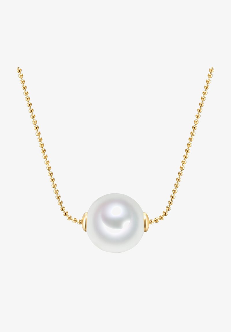 Kuldne kaelakee, mis sisaldab ühte ümmargust valget pärlit, sile pind ja kullatud detailid pärli lähedal. Lihtne ja elegantne disain.