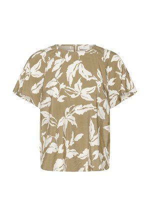 Blusa beige de manga corta con estampado floral blanco y escote redondo, cierre con cremallera en la parte trasera.