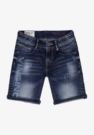 Short en denim bleu foncé avec texture délavée, bouton et fermeture éclair à l'avant, cinq poches, et « VINGINO » imprimé verticalement sur la jambe gauche.