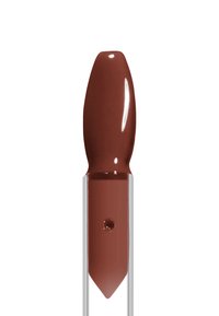 Glossy brown liquid lipstick applicator tip with angled sponge, partially submerged in transparent tube.