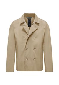 Beige dubbelgeknoopte trenchcoat met een reverskraag, grote knopen en een gladde stofafwerking. Geen zichtbare zakken of versieringen.