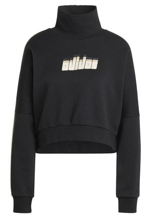 Felpa nera corta con collo alto, caratterizzata da un logo "adidas" testurizzato in tonalità chiare. Materiale morbido e maniche oversize.