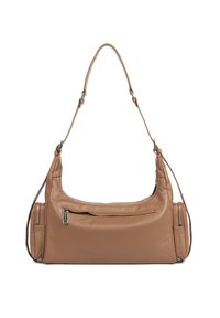 Borsa a spalla in pelle marrone con forma curvata, tasca frontale con zip e tracolla regolabile. Texture liscia con dettagli in metallo.