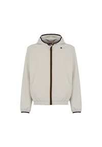 Giacca cappuccio beige chiaro con polsini e orlo elasticizzati, dotata di una zip frontale con striscia multicolore e tasche laterali.
