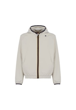 Giacca cappuccio beige chiaro con polsini e orlo elasticizzati, dotata di una zip frontale con striscia multicolore e tasche laterali.