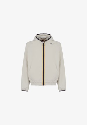 Hellbeige Kapuzenjacke mit elastischen Bündchen und Saum, ausgestattet mit einem Frontreißverschluss mit einem mehrfarbigen Streifen und Seitentaschen.