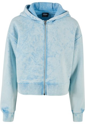 Light blue cropped hoodie in soft fabric, featuring a front zipper, drawstring hood, and ribbed cuffs and hem. Subtle marbled texture present.