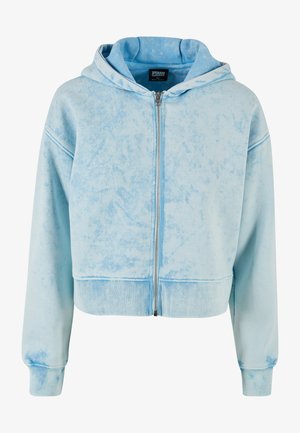 Svetlomodrá cropped mikina z mäkkého materiálu, s predným zipsom, kapucňou so šnúrkou a manžetami a lemom s pružným efektom. Prítomná je jemná mramorová štruktúra.