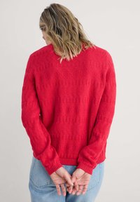Maglione rosso lavorato a maglia con motivi testurizzati, maniche lunghe e polsini a costine. Indossato con jeans azzurri chiari, visto da dietro.
