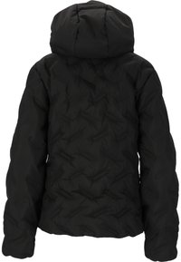 Svart puffjacka med huva, med en strukturerad, quiltad mönstring och långa ärmar, som erbjuder en varm och isolerad design.