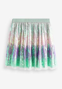 Gonna scintillante con una fascia elastica argentata, coperta di paillettes verdi, viola e rosa disposte in un motivo a gradiente. Sovrapposizione trasparente.