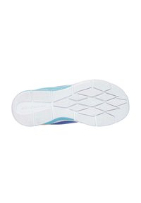 Suela de zapatilla deportiva con un diseño ligero. Presenta una suela exterior de goma blanca texturizada y una parte superior de texto colorido en tonos azules y púrpuras.