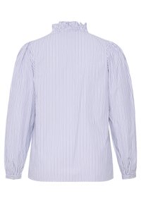Blouse à manches longues avec rayures verticales bleues et blanches, col montant froufroutant et poignets boutonnés, vue de dos.