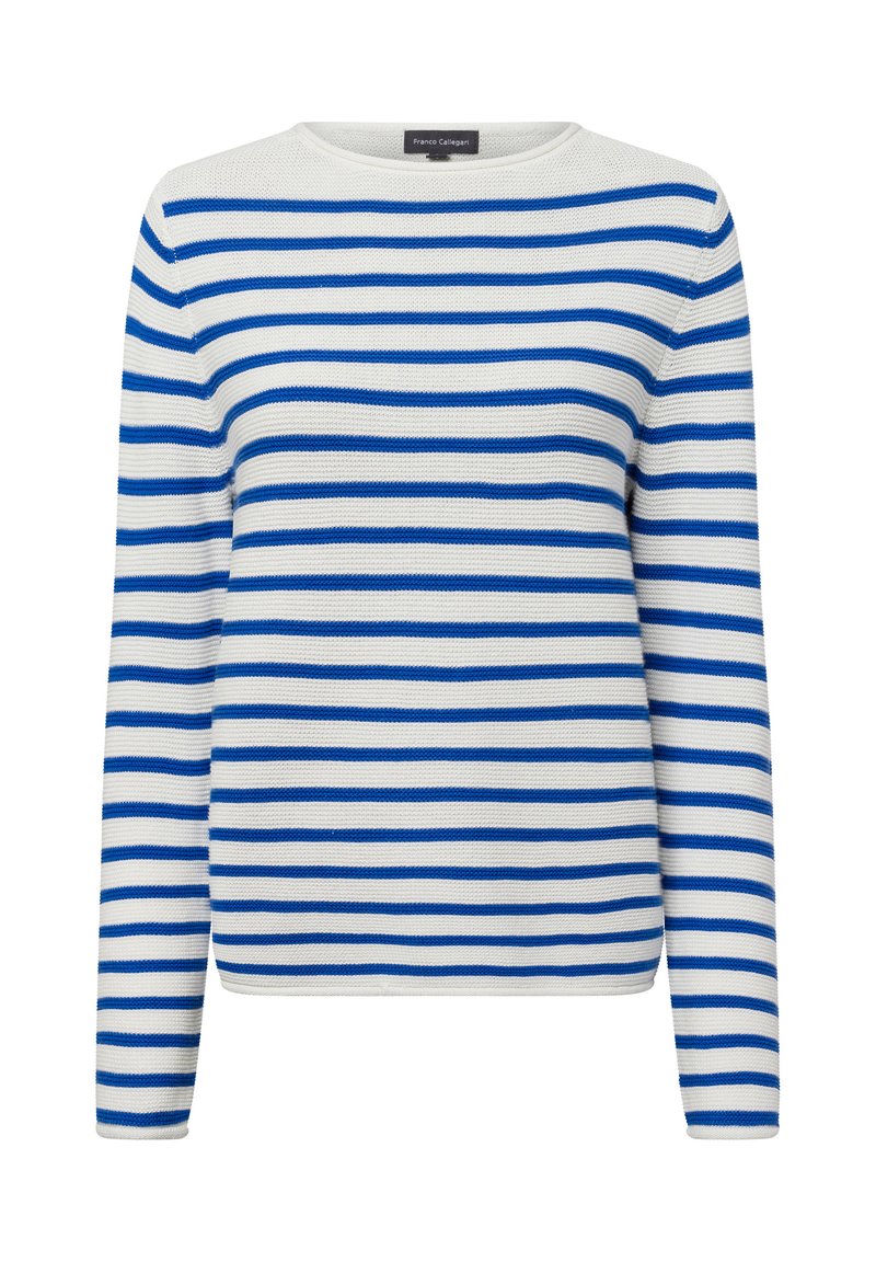 Gestreifter Pullover mit blauen und weißen horizontalen Streifen, gerippter Textur, rundem Ausschnitt und langen Ärmeln. Aus atmungsaktivem Material gefertigt.