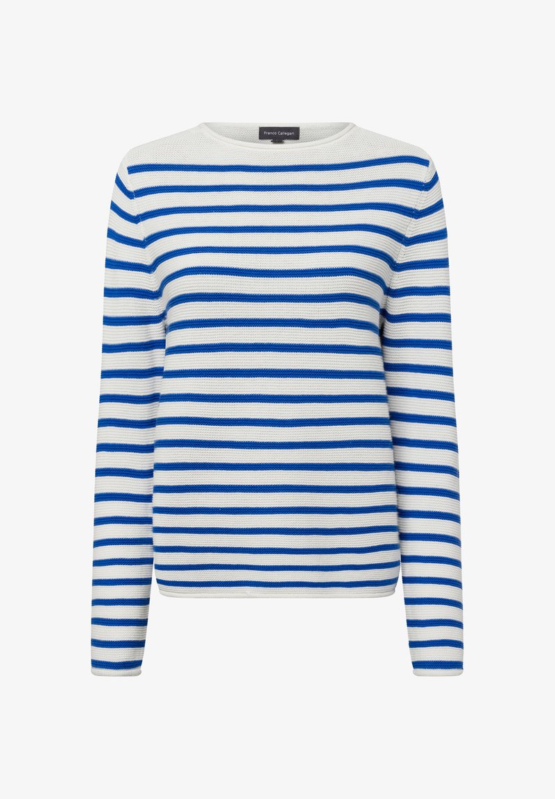 Gestreifter Pullover mit blauen und weißen horizontalen Streifen, gerippter Textur, rundem Ausschnitt und langen Ärmeln. Aus atmungsaktivem Material gefertigt.