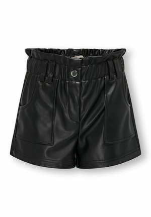 Pantaloni corti neri in ecopelle con vita arricciata, tasche frontali e una texture liscia. Presentano una chiusura a scatto e passanti per la cintura.
