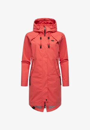 Korallfärgad vattentät jacka med huva, full dragkedja, snoddar och två sidfickor. Har en medellång design och slät finish.