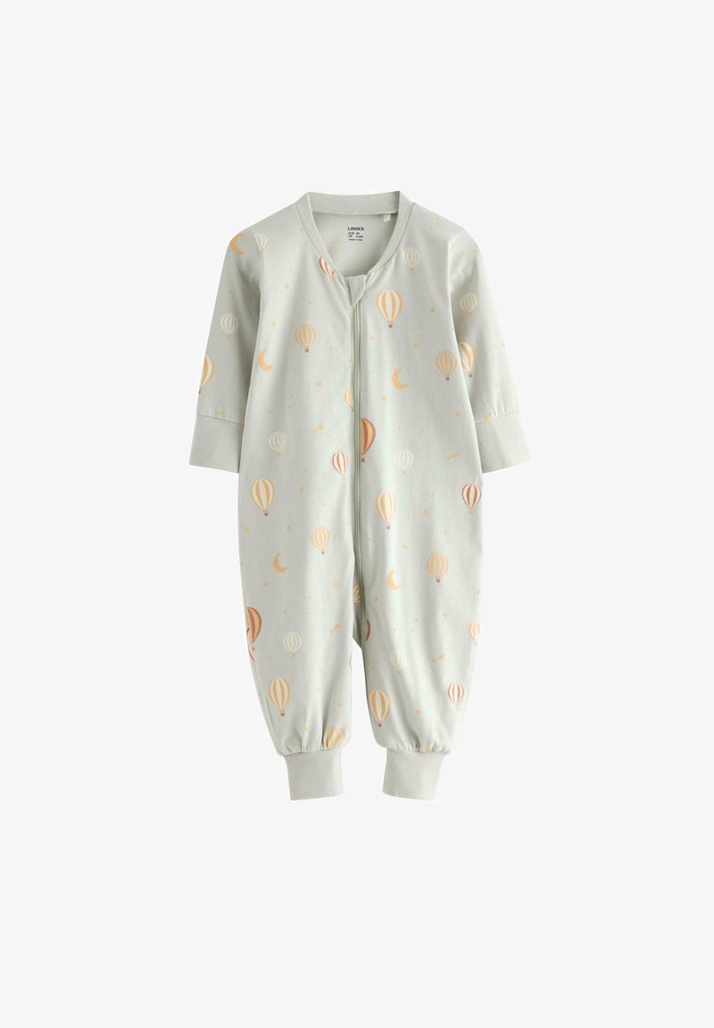 Light gray baby romper with orange and cream hot air balloon and crescent moon patterns, long sleeves, zipper front, and cuffed ankles and wrists.