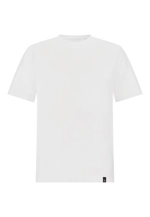 Weißes T-Shirt mit kurzen Ärmeln aus Baumwolle. Es hat einen Rundhalsausschnitt, einen geraden Schnitt und ein kleines schwarzes Logotag auf der unteren linken Seite.