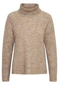 Pull en tricot beige à col roulé, avec des manches longues, un col et un ourlet côtelés, présentant une apparence texturée et douce, ainsi qu'une coupe décontractée.