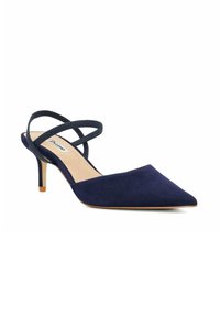 Marineblauwe suede slingbackhakken met een spitse neus, dunne gekruiste bandjes en een slanke hak. Glad textuur en minimalistisch ontwerp.