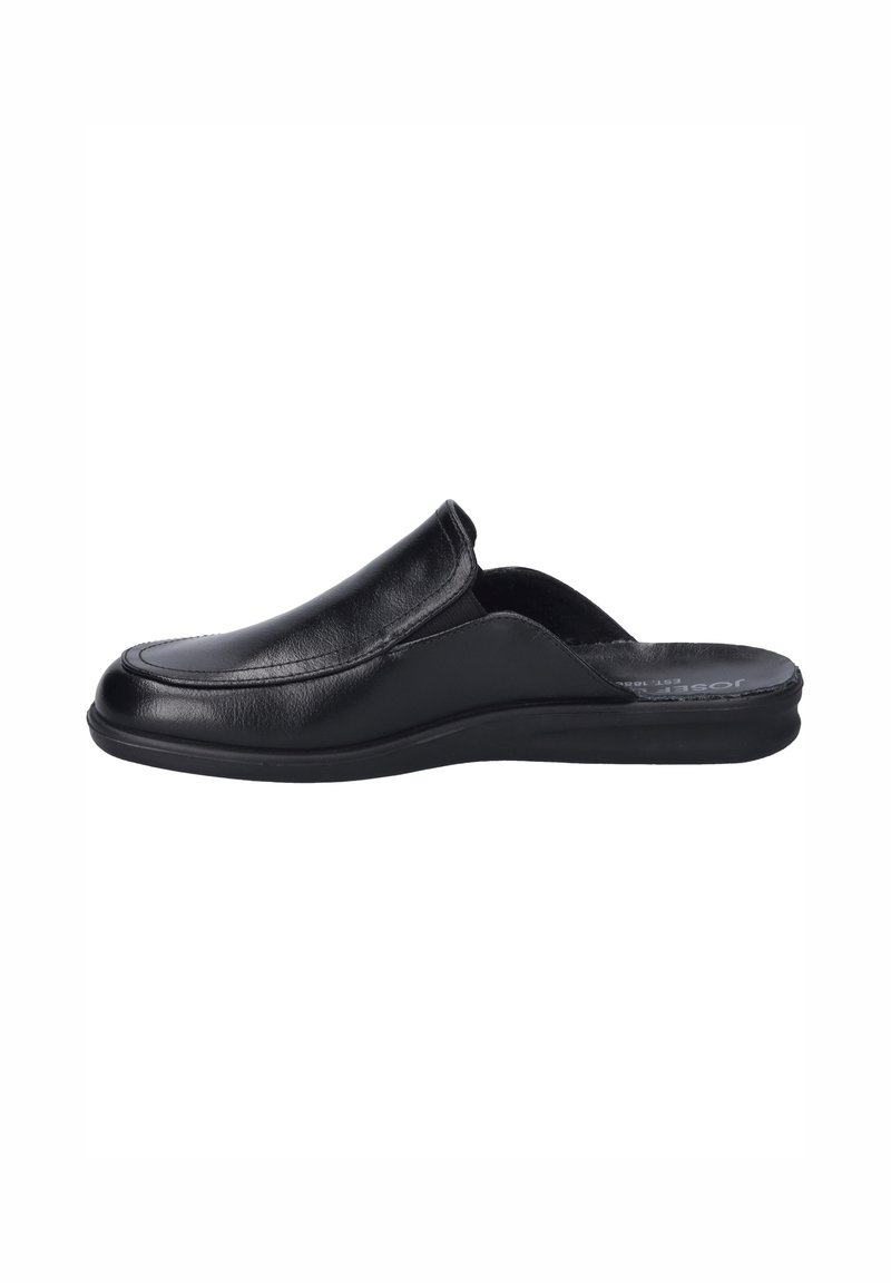 Black slip-on shoe made of leather with a smooth texture, featuring a rounded toe and a flexible rubber sole. Minimalist design with no hardware.