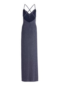 Marineblaues Kleid mit Kreuzträgern, das eine taillierte Oberpartie und einen langen, geraden Rock aus einem strukturierten, schimmernden Stoff aufweist.