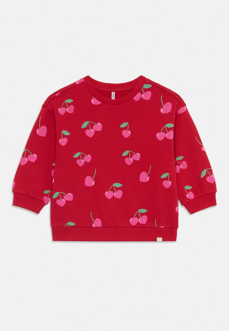 Red sweatshirt featuring a cherry pattern in pink with green leaves. Ribbed neckline and cuffs, soft texture, boxy design.