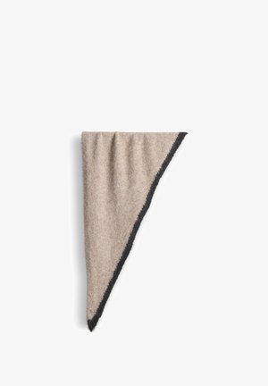 Beige triangular scarf made from soft fabric with a lightweight texture, featuring a dark edge trim along one side.