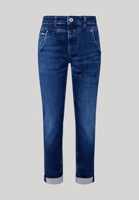 Tmavě modré džíny s uvolněným střihem, s ohrnutým lemem, pěti kapsami a kontrastním šitím.