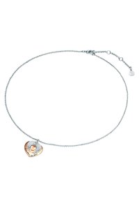 Sølv kæd necklace med en hjerte vedhæng; vedhænget har et rosaguld indre hjerte og indgraveret tekst med tekstureret overflade.