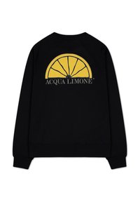 Svart sweatshirt med en gul citronskiva grafik och "ACQUA LIMONE" text på ryggen. Har ribbade muddar och rundad halsringning.