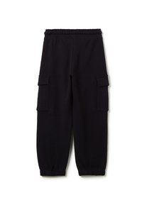 Zwarte sweatpants met een elastische tailleband, twee zijvakjes en geribbelde boorden. De stof lijkt zacht met een gladde textuur.