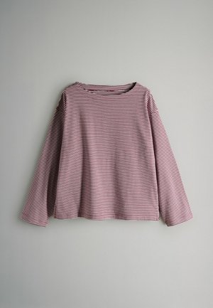 Langarmshirt in bordeauxrood en crème met horizontale strepen. Gemaakt van zachte stof met een comfortabele pasvorm en een klassieke ronde hals.