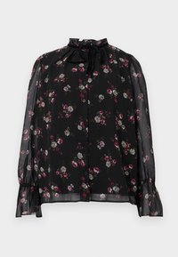 Blusa nera trasparente con maniche lunghe, polsini arricciati, chiusura con bottoni, motivo floreale in rosa e bianco, e un collo alto arricciato legato.