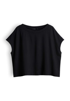 Top noir court sans manches avec un large col rond et une coupe décontractée, posé à plat sur fond blanc.