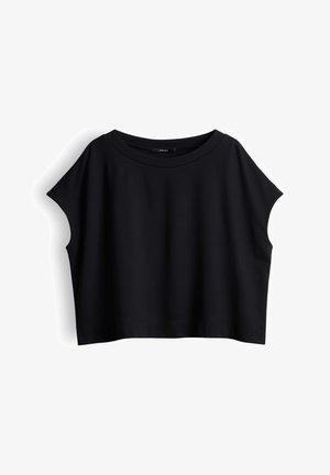 Zwart cropped mouwloos top met brede ronde halslijn en relaxte pasvorm, plat gelegd op een witte achtergrond.