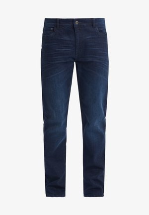 Dark blue denim jeans featuring a straight fit, five-pocket design, and subtle fading. Made of cotton with a smooth texture.