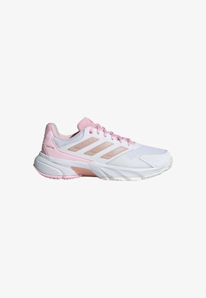 White athletic shoe with pink accents. Mesh upper, textured panels, and three diagonal stripes. Thick, cushioned sole for support.