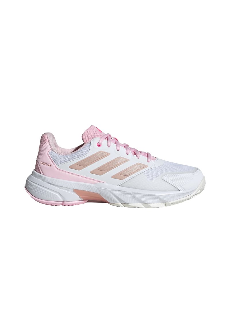 White athletic shoe with pink accents. Mesh upper, textured panels, and three diagonal stripes. Thick, cushioned sole for support.