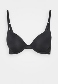 Zwarte padded beha met verstelbare banden, soepel materiaal en een zacht gaas middenpaneel. Kenmerkt zich door een naadloos ontwerp voor een slanke uitstraling.