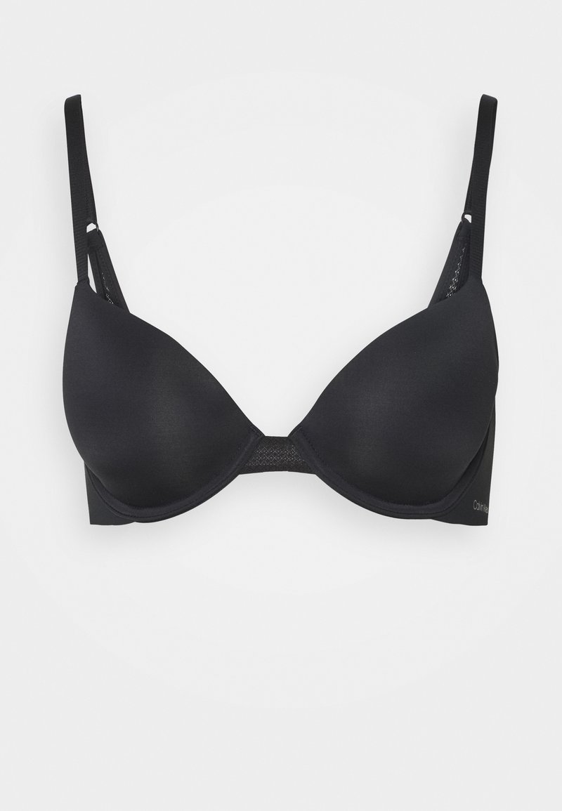 Schwarzer gepolsterter BH mit verstellbaren Trägern, glattem Stoff und einem weichen Netzmittelteil. Bietet ein nahtloses Design für ein elegantes Erscheinungsbild.