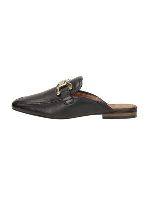 Zwarte leren slip-on mule met gouden metalen gesp detail en lage gestapelde hak, gezien vanaf de zijkant op een witte achtergrond.
