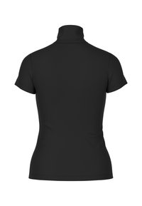 Schwarzes kurzärmeliges Oberteil mit hohem Kragen. Hergestellt aus glattem, dehnbarem Stoff mit figurbetontem Schnitt. Minimale Nähte für ein sauberes Aussehen.