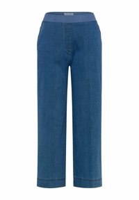 Pantalons en denim à jambes larges avec une taille élastique bleue. Dotés de poches avant, de coutures décoratives et d'un tissu doux de poids moyen.