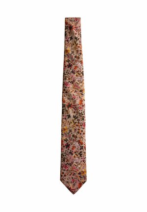 Slank beige slips med flerfarvet blomsterprint i nuancer af pink, orange, gul og brun på en hvid baggrund.