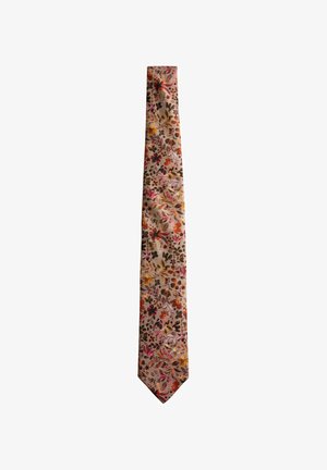 Slim beige tie with multicolored floral pattern in shades of pink, orange, yellow, and brown on a white background.