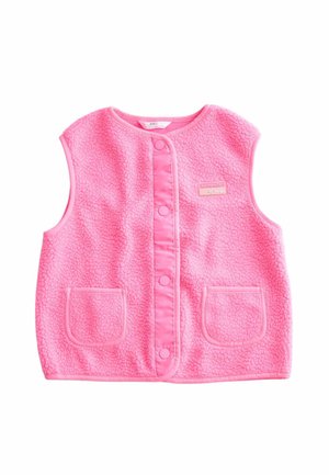 Różowa bezrękawnikowa kamizelka z polaru z zatrzaskami z przodu, dwoma przednimi kieszeniami i małą metką „Authentic by Design” na piersi.